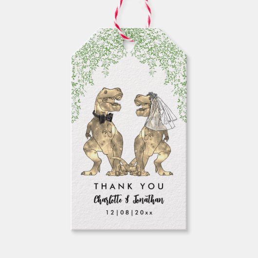 Dinosaurus thema bruiloft dank u cadeaulabel (Voorkant)
