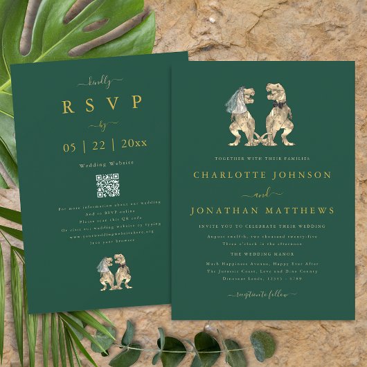 Dinosaurus Thema Bruiloft Groen Goud QR Code Kaart