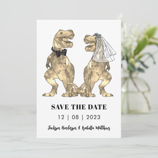 Dinosaurus thema bruiloft groen save the date (Staand voorkant)