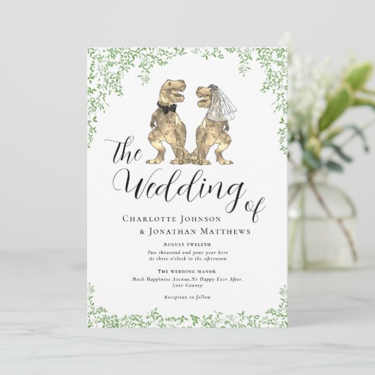 Dinosaurus thema bruiloft kaart (Staand voorkant)