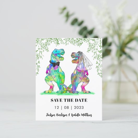Dinosaurus thema bruiloft Save the Date Budget (Staand voorkant)