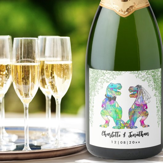 Dinosaurus thema bruiloft sparkling wijnetiket
