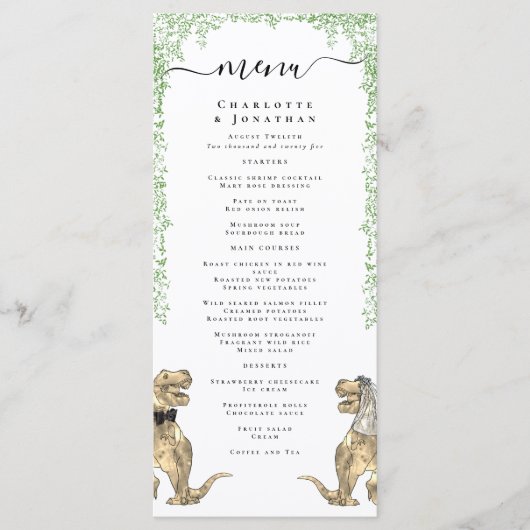 Dinosaurus Thema Bruiloftsmenu Menu (Voorkant)