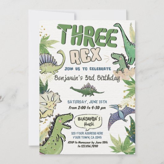 Dinosaurus Thema Feest 3e Verjaardag, Drie Rex Kaart (Voorkant)