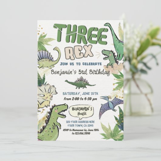 Dinosaurus Thema Feest 3e Verjaardag, Drie Rex Kaart (Staand voorkant)