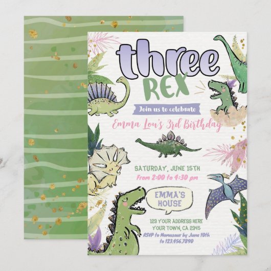 Dinosaurus thema feest 3e verjaardag kaart (Voorkant / Achterkant)