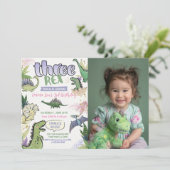Dinosaurus thema feest 3e verjaardag kaart (Staand voorkant)