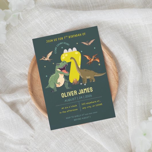 Dinosaurus thema jongen 7e verjaardag kaart