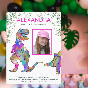 Dinosaurus Thema Meisjes Verjaardagsfeest Roze Bud Uitnodiging Briefkaart