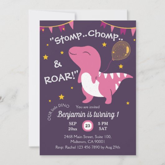 Dinosaurus thema Stomp, Chomp & Roar! 1e verjaarda Kaart (Voorkant)