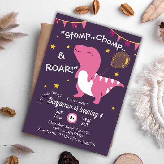 Dinosaurus thema Stomp, Chomp & Roar! 4e verjaarda Kaart