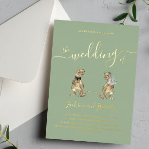 Dinosaurus thema Trouw Sage Groen en Goud Folie Uitnodiging