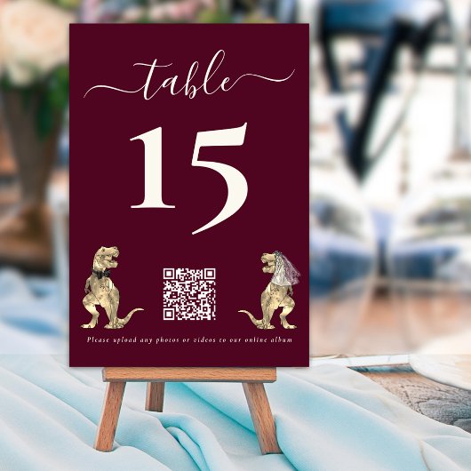 Dinosaurus thema Trouwen Bordeaux QR Code Kaart