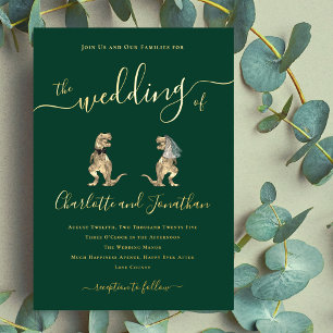 Dinosaurus thema Trouwen Groen en Goud Folie Uitnodiging