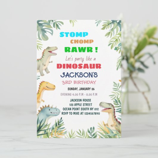 Dinosaurus-Thema Uitnodiging voor 3e Verjaardagsfe (Staand voorkant)