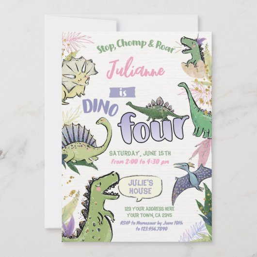 Dinosaurus Theme Party Dino Vier 4e Verjaardag Kaart (Voorkant)