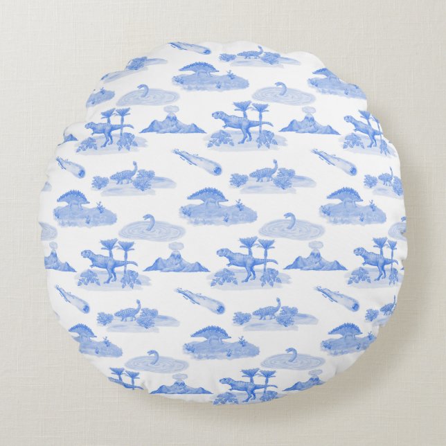 Dinosaurus Toile Ronde Kussen (Periwinkle Blue) (Voorkant)