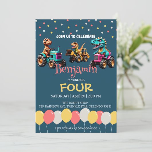 Dinosaurus tractor vrachtwagen ballon School Verja Kaart (Staand voorkant)