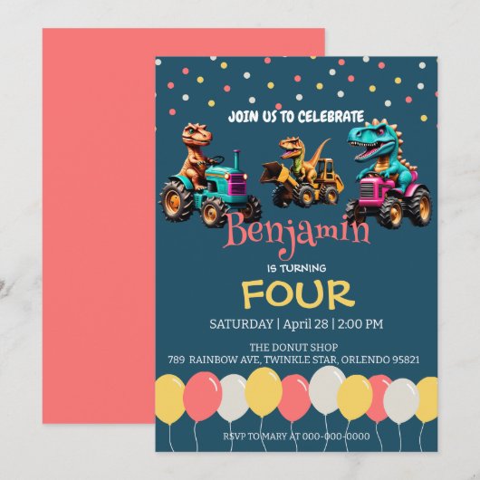 Dinosaurus tractor vrachtwagen ballon School Verja Kaart (Voorkant / Achterkant)