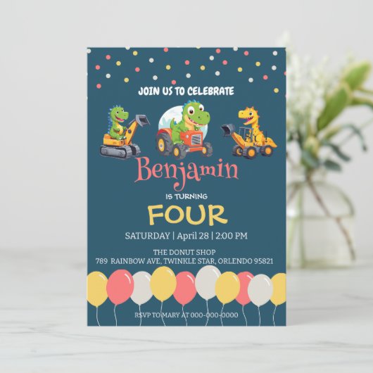 Dinosaurus tractor vrachtwagen ballon School Verja Kaart (Staand voorkant)