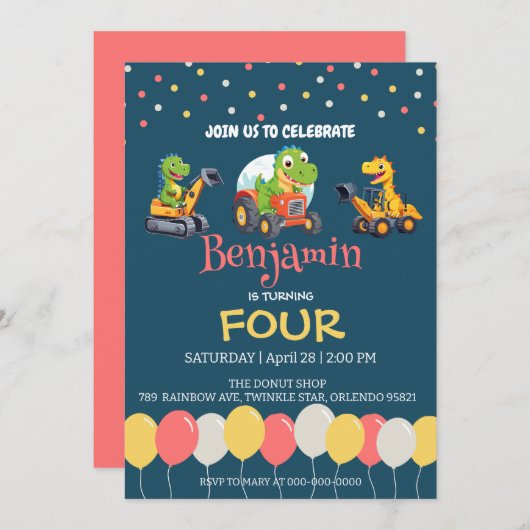 Dinosaurus tractor vrachtwagen ballon School Verja Kaart (Voorkant / Achterkant)