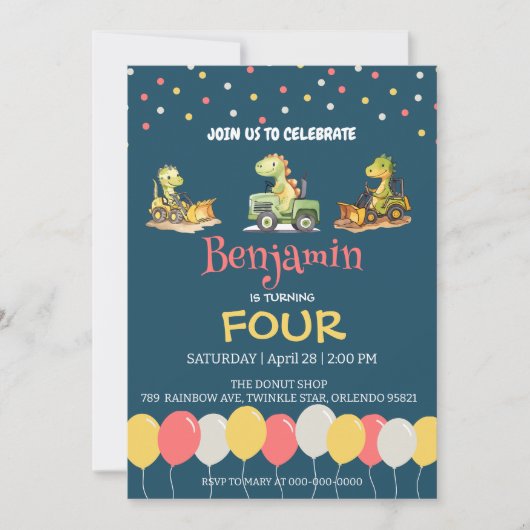 Dinosaurus tractor vrachtwagen ballon School Verja Kaart (Voorkant)