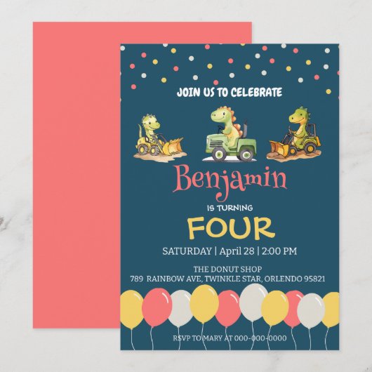 Dinosaurus tractor vrachtwagen ballon School Verja Kaart (Voorkant / Achterkant)