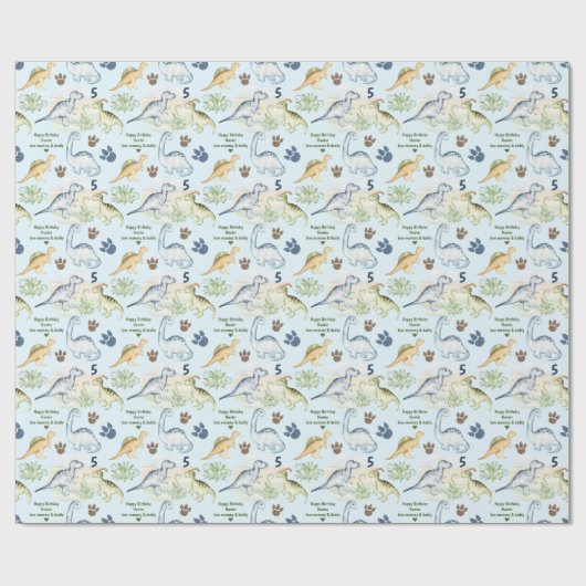 Dinosaurus Trex Blauw Jongen Verjaardagsnaam Cadeaupapier (Vlak)