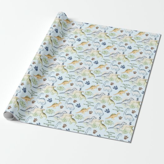Dinosaurus Trex Blauw Jongen Verjaardagsnaam Cadeaupapier (Uitgerold)
