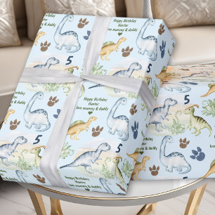 Dinosaurus Trex Blauw Jongen Verjaardagsnaam Cadeaupapier
