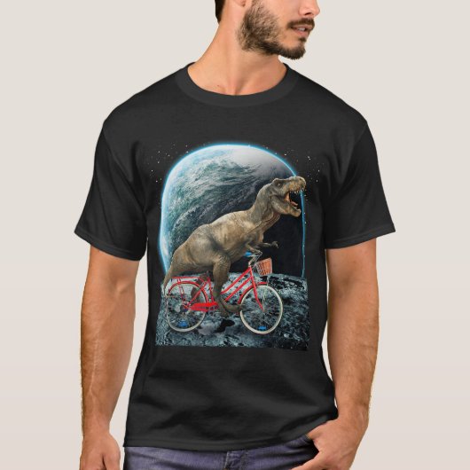 Dinosaurus Trex In Ruimte Rijfiets Op Maan Grappig T-shirt (Voorkant)