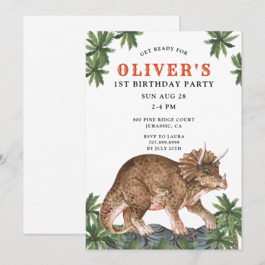Dinosaurus Triceratops Jongen's 1e Verjaardagsfees Kaart (Voorkant / Achterkant)