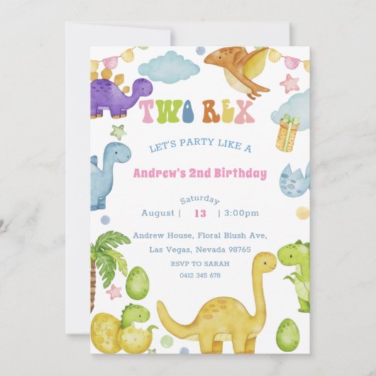 Dinosaurus Twee 2e Verjaardag Feest Uitnodiging (Voorkant)