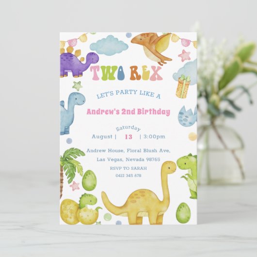 Dinosaurus Twee 2e Verjaardag Feest Uitnodiging (Staand voorkant)