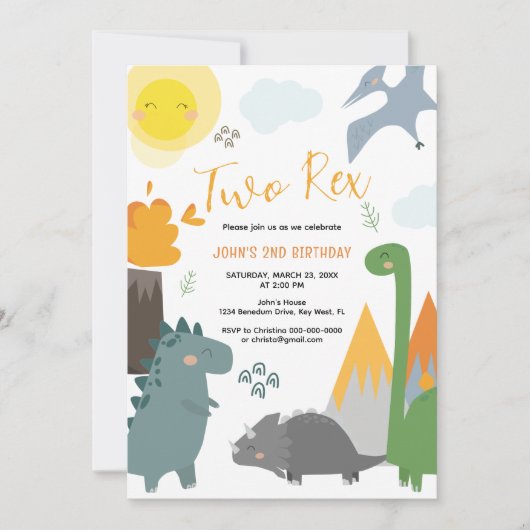 Dinosaurus Twee Rex 2e Verjaardag Feest Uitnodigin Kaart (Voorkant)
