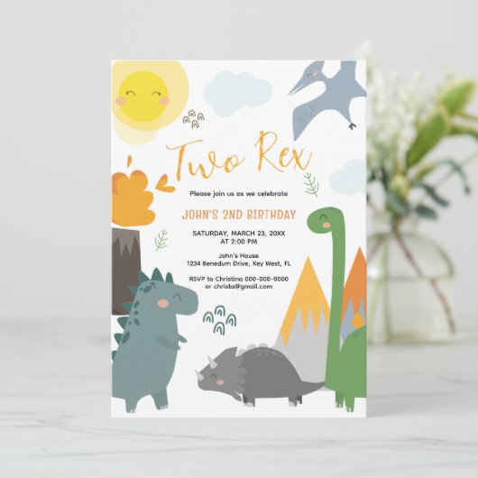 Dinosaurus Twee Rex 2e Verjaardag Feest Uitnodigin Kaart (Staand voorkant)
