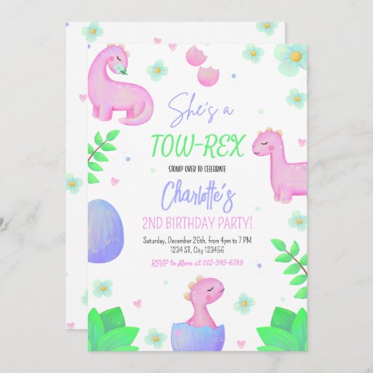 Dinosaurus Twee Rex 2e Verjaardag Feest Uitnodigin Kaart (Voorkant / Achterkant)