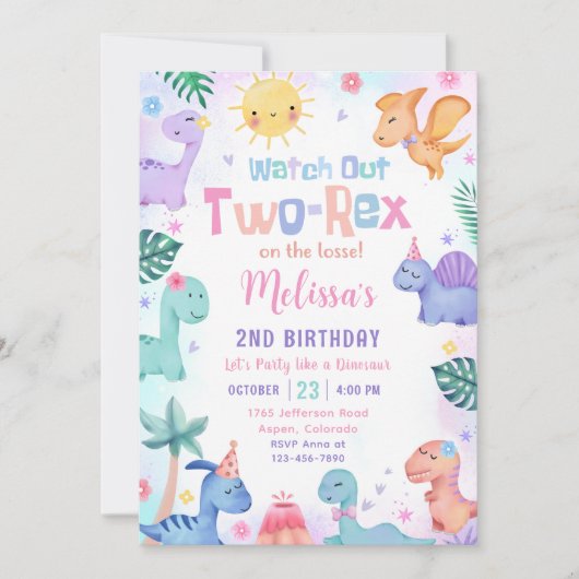 Dinosaurus Twee Rex 2e Verjaardag Feest Uitnodigin Kaart (Voorkant)