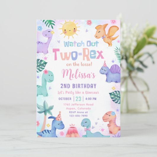 Dinosaurus Twee Rex 2e Verjaardag Feest Uitnodigin Kaart (Staand voorkant)