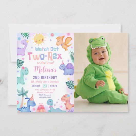 Dinosaurus Twee Rex 2e verjaardag foto uitnodiging (Voorkant)