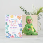 Dinosaurus Twee Rex 2e verjaardag foto uitnodiging (Staand voorkant)