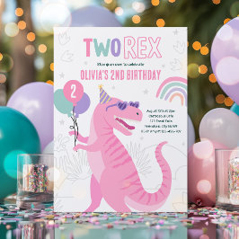 Dinosaurus Twee Rex 2e Verjaardagsfeestje Roze T-R Kaart