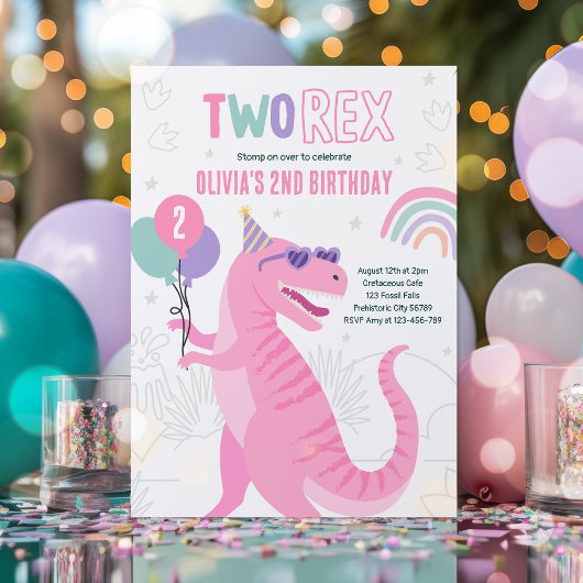 Dinosaurus Twee Rex 2e Verjaardagsfeestje Roze T-R Kaart