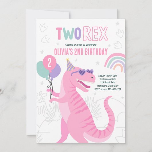 Dinosaurus Twee Rex 2e Verjaardagsfeestje Roze T-R Kaart (Voorkant)