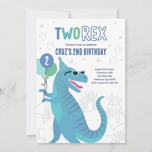 Dinosaurus Twee Rex 2e verjaardagsfeestje T-Rex Kaart (Voorkant)