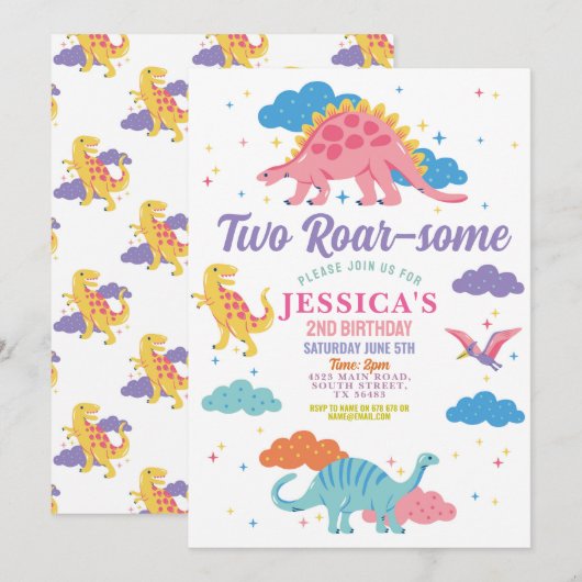 Dinosaurus Twee Rex Schattige Meisjes 2e Roze Fees Kaart (Voorkant / Achterkant)