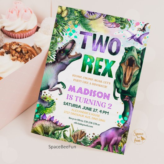 Dinosaurus TWEE Rex Uitnodiging  Dinosaurus Feest 