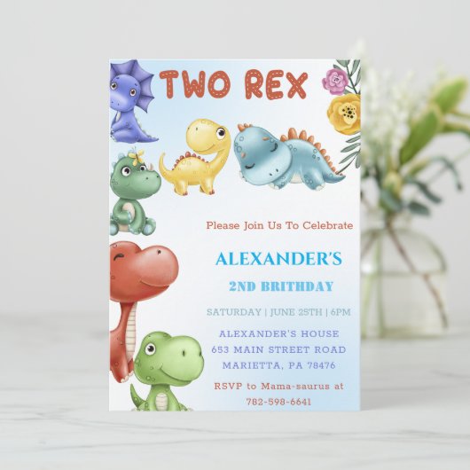 Dinosaurus Twee Rex Verjaardagsfeestje Kaart (Staand voorkant)