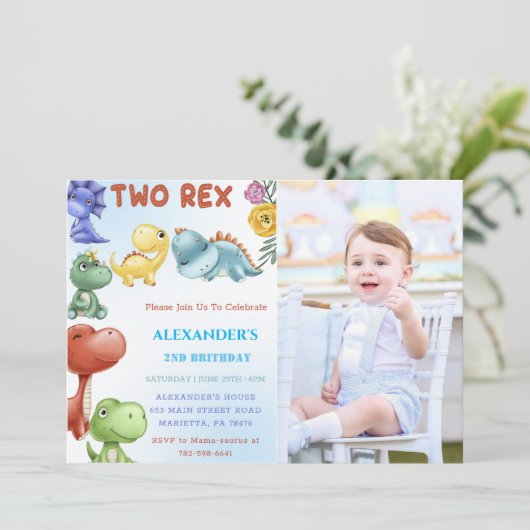 Dinosaurus Twee Rex Verjaardagsfeestje Kaart (Staand voorkant)