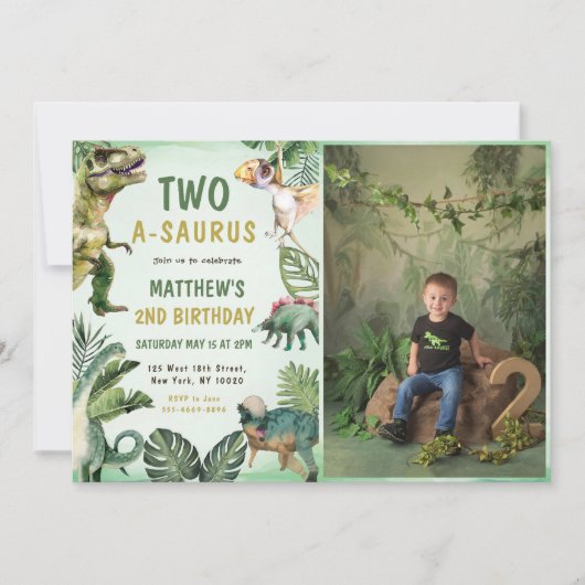 Dinosaurus Two-A-Saurus 2e verjaardag Party Foto Kaart (Voorkant)